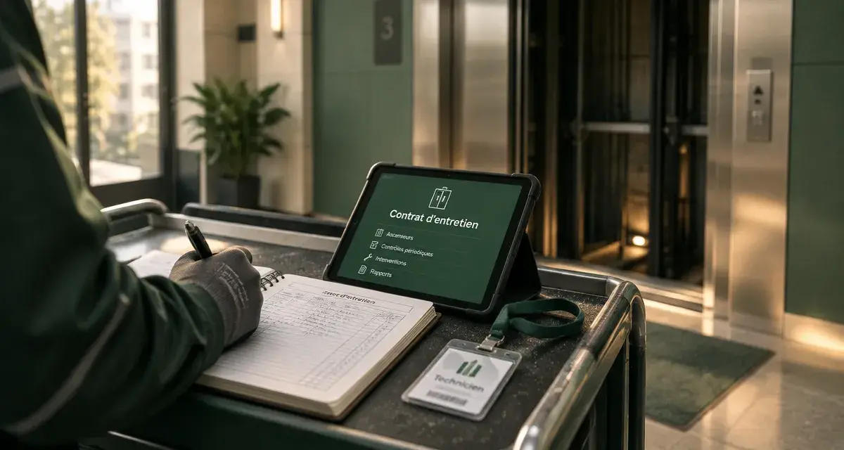 Entretien d un ascenseur : technicien note sur carnet de maintenance