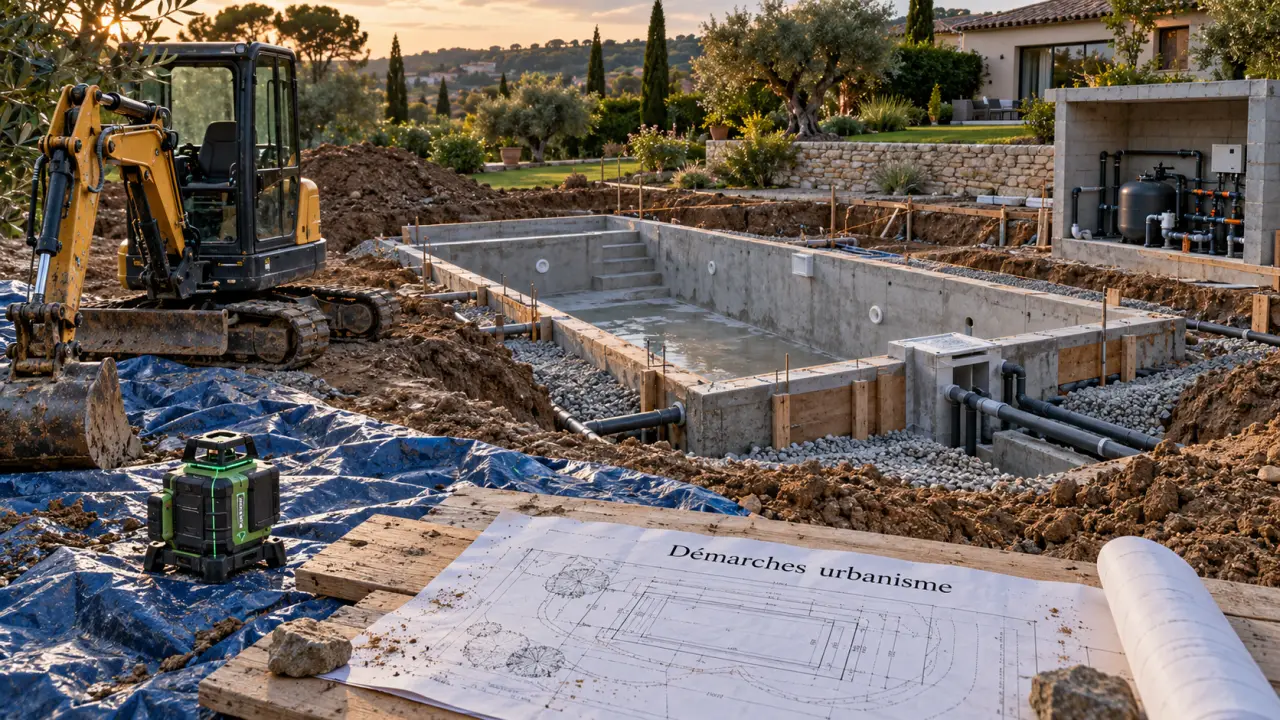 Fabrication d une piscine : pelle, laser et chantier de terrassement