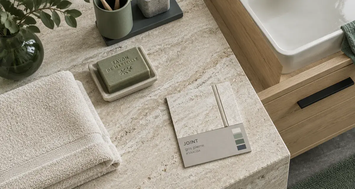 Salle de bain travertin et bois clair, lumière et textures pierre et bois
